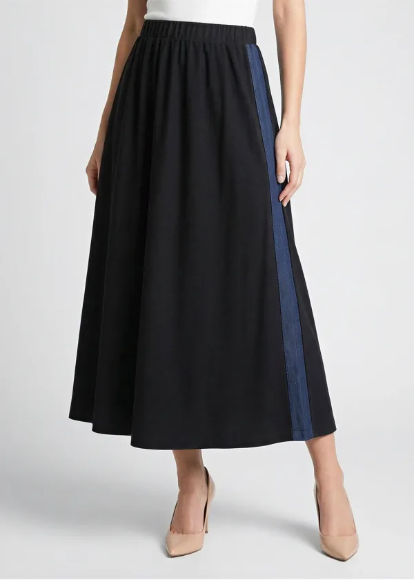Black Midi Skirt with Denim Side Trim