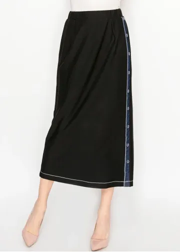 Black Midi Skirt with Denim Side Trim