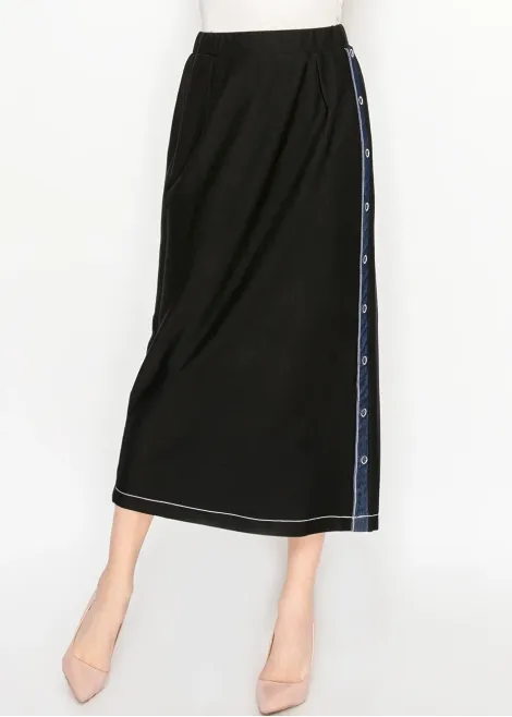 Black Midi Skirt with Denim Side Trim