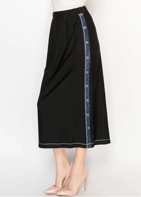 Black Midi Skirt with Denim Side Trim