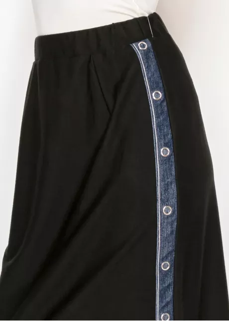 Black Midi Skirt with Denim Side Trim