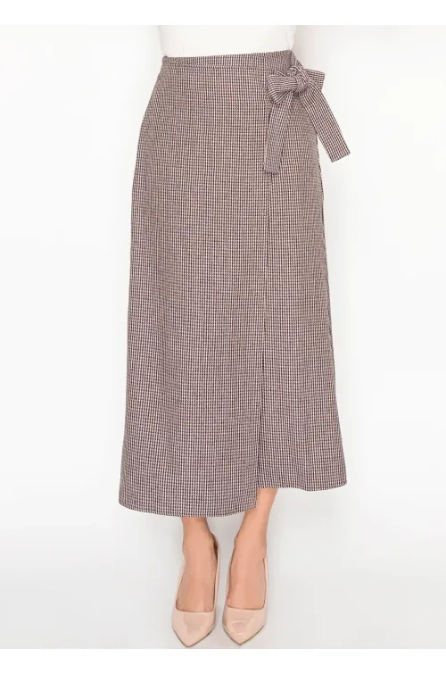 Burgundy Houndstooth Wrap Skirt with Bow