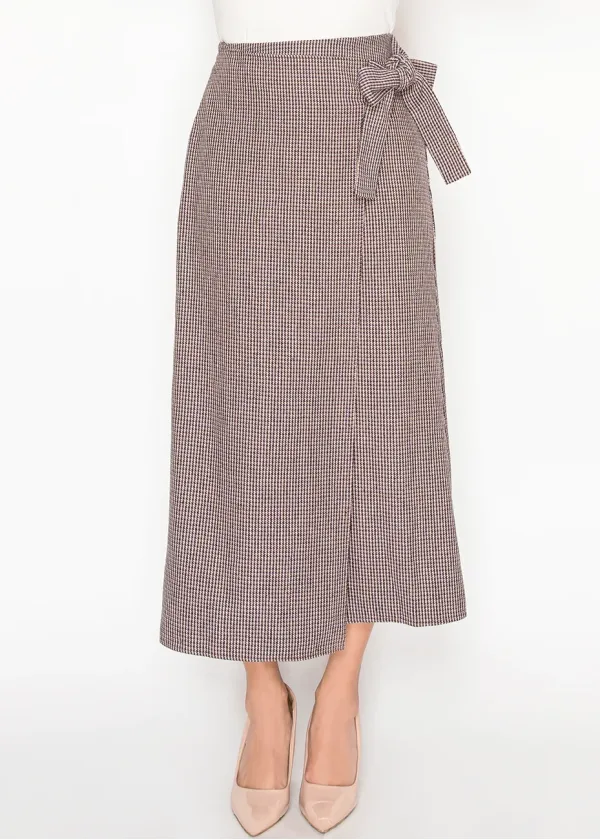 Burgundy Houndstooth Wrap Skirt with Bow