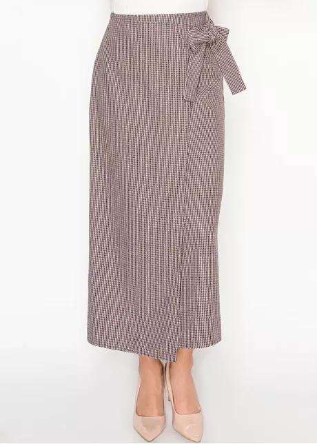 Burgundy Houndstooth Wrap Skirt with Bow