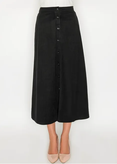 Black Corduroy Button-Front Midi Skirt