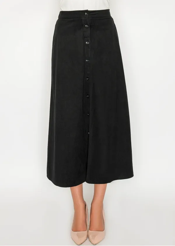 Black Corduroy Button-Front Midi Skirt
