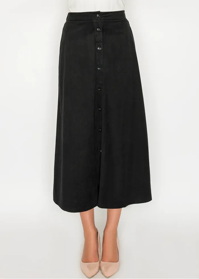 Black Corduroy Button-Front Midi Skirt