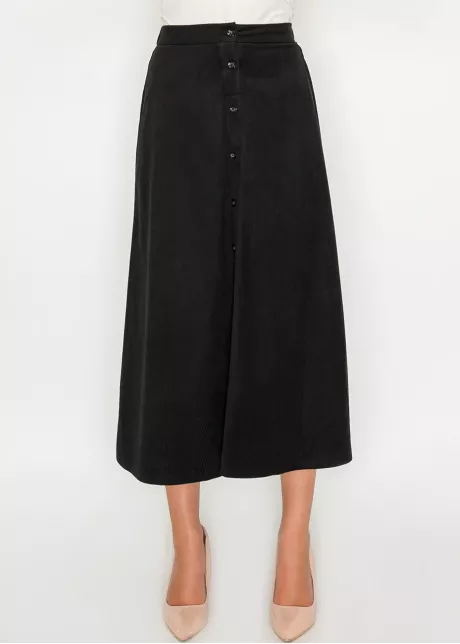 Black Corduroy Button-Front Midi Skirt
