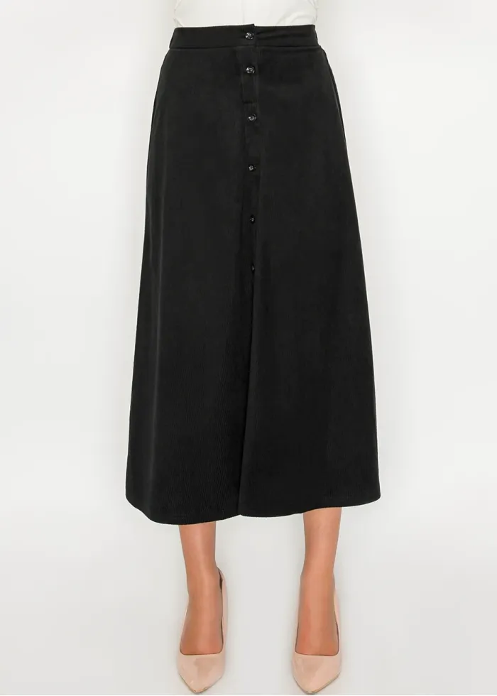 Black Corduroy Button-Front Midi Skirt