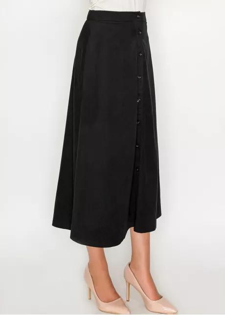 Black Corduroy Button-Front Midi Skirt