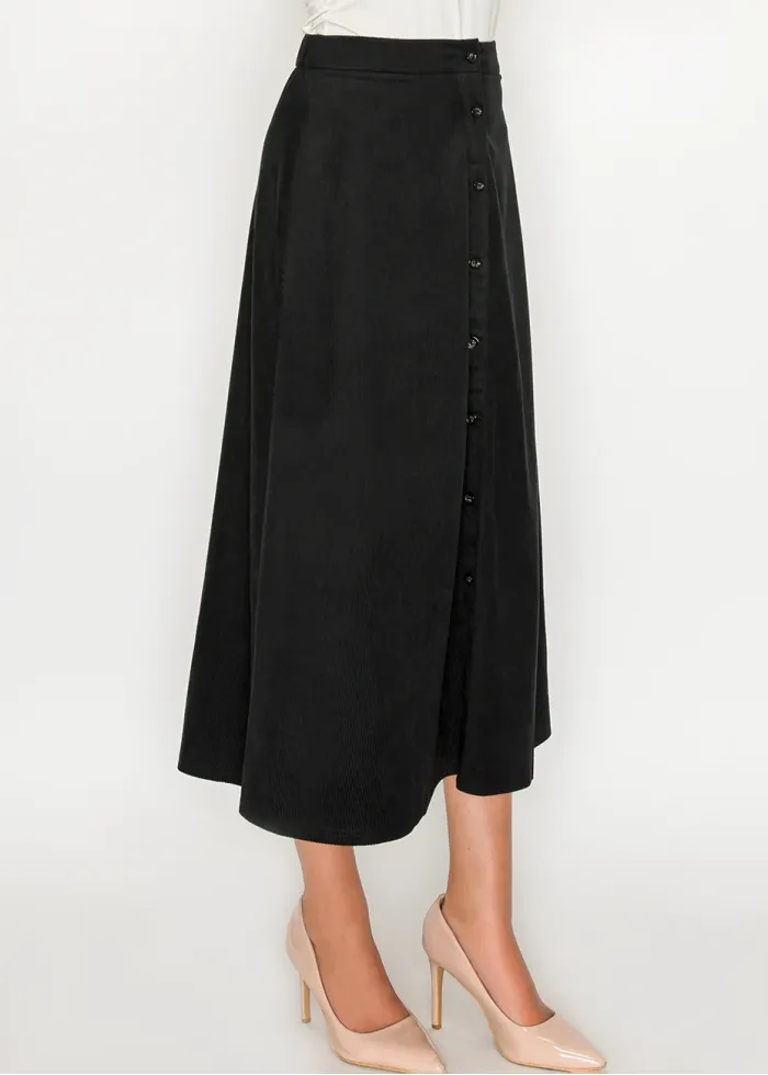 Black Corduroy Button-Front Midi Skirt