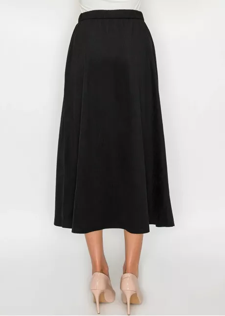 Black Corduroy Button-Front Midi Skirt