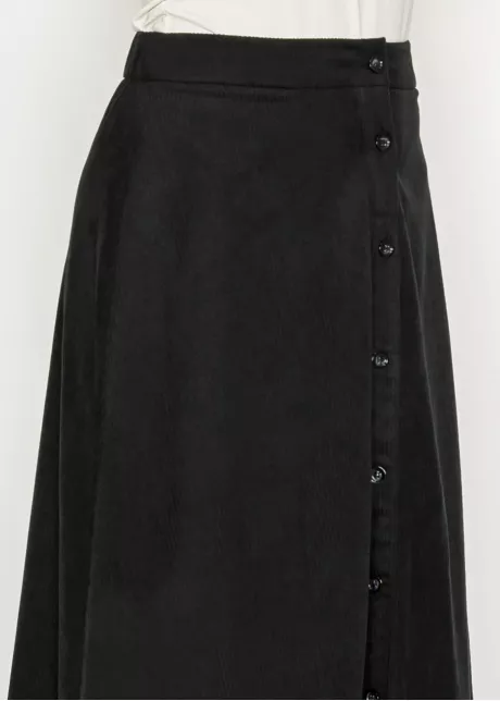 Black Corduroy Button-Front Midi Skirt