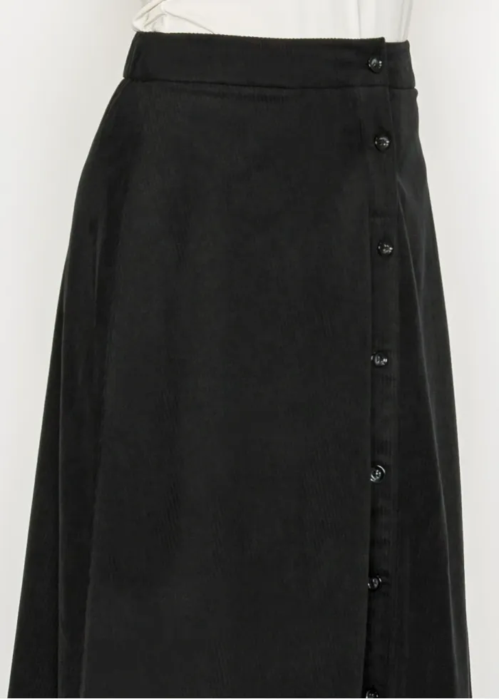 Black Corduroy Button-Front Midi Skirt
