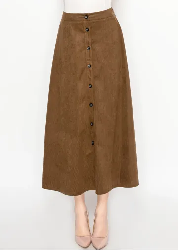 Brown Corduroy Button-Front Midi Skirt
