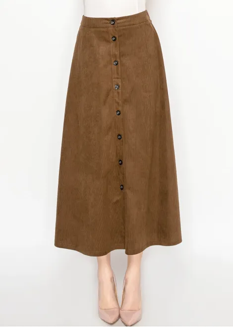 Brown Corduroy Button-Front Midi Skirt