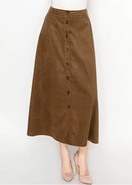 Brown Corduroy Button-Front Midi Skirt
