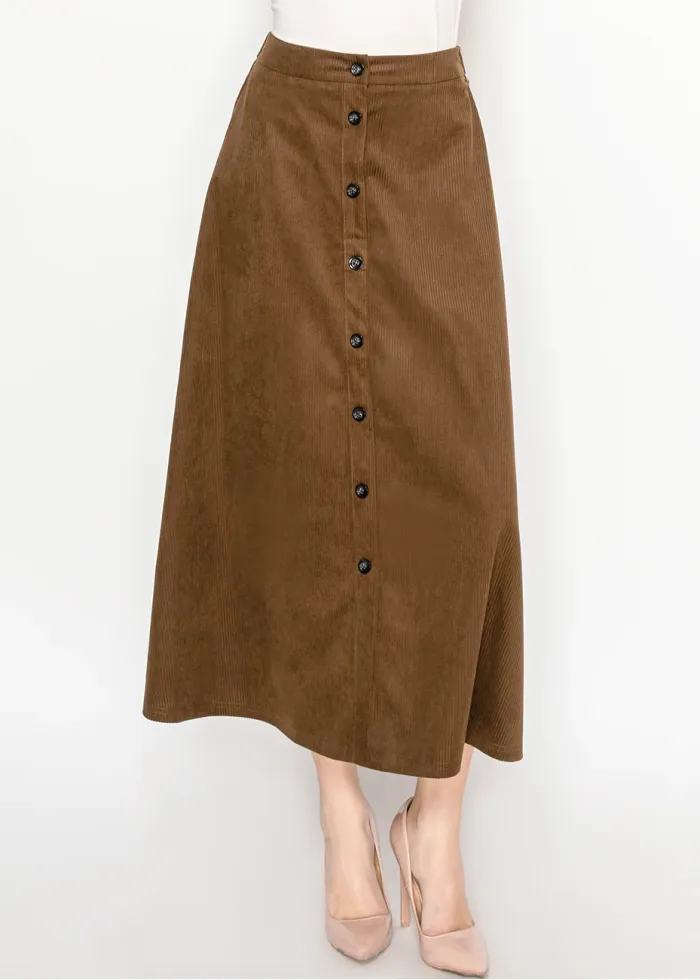 Brown Corduroy Button-Front Midi Skirt