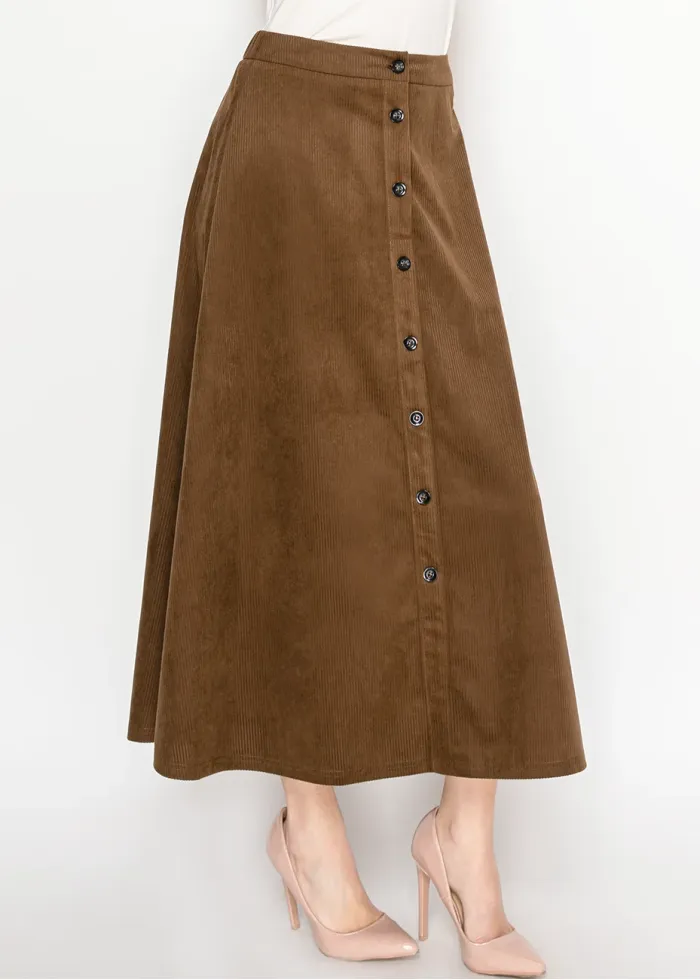 Brown Corduroy Button-Front Midi Skirt