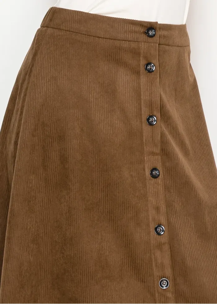 Brown Corduroy Button-Front Midi Skirt