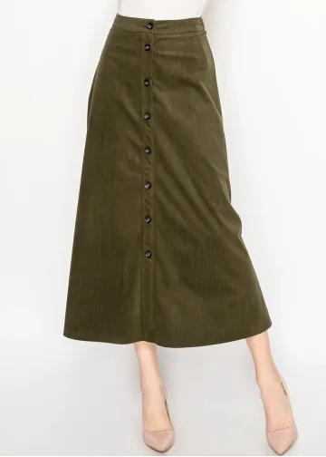 Olive Corduroy Button-Down Midi Skirt