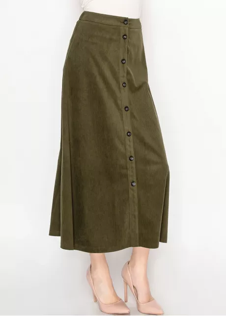 Olive Corduroy Button-Down Midi Skirt