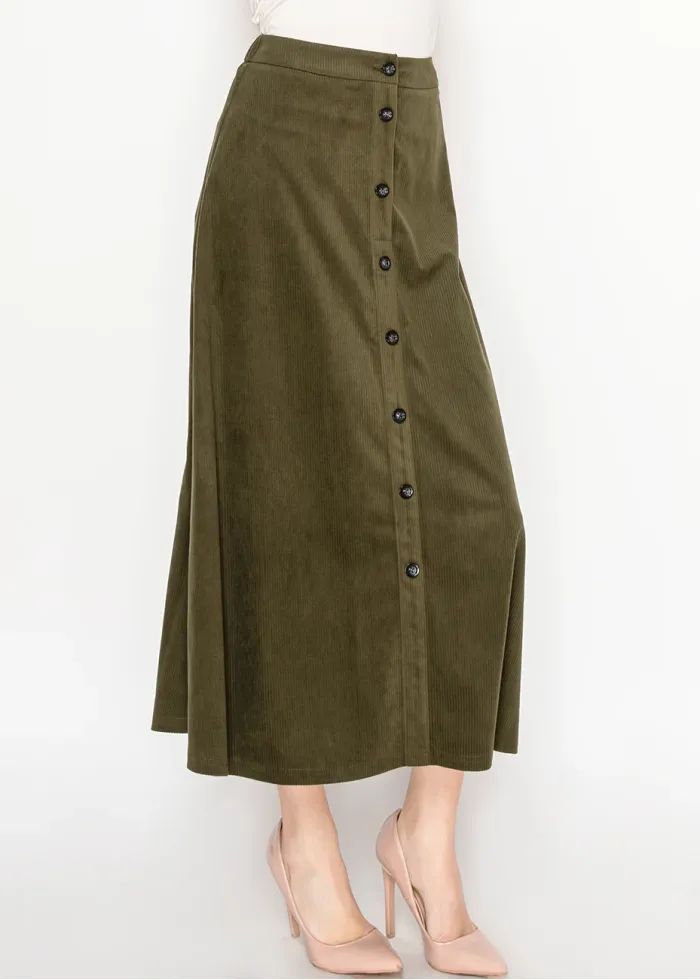 Olive Corduroy Button-Down Midi Skirt