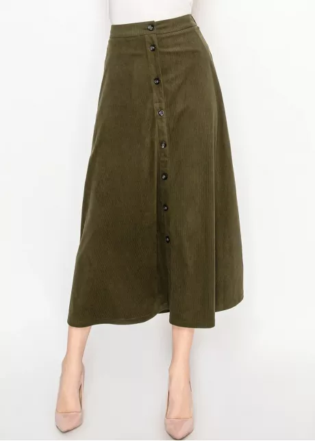 Olive Corduroy Button-Down Midi Skirt