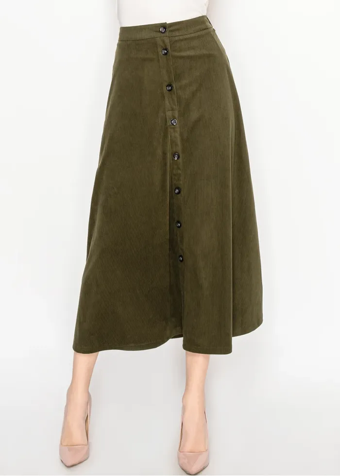 Olive Corduroy Button-Down Midi Skirt
