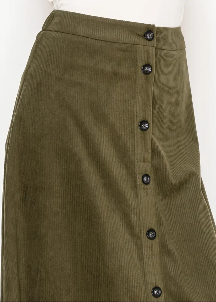 Olive Corduroy Button-Down Midi Skirt