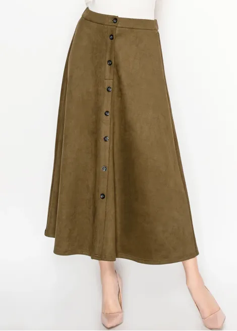 Olive Midi Skirt with Front Placket