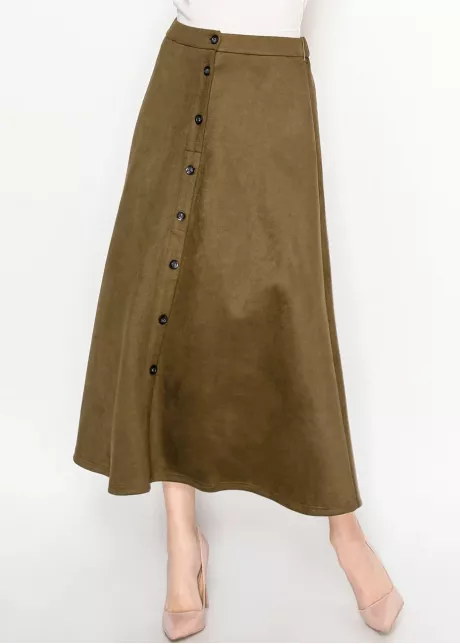 Olive Midi Skirt with Front Placket