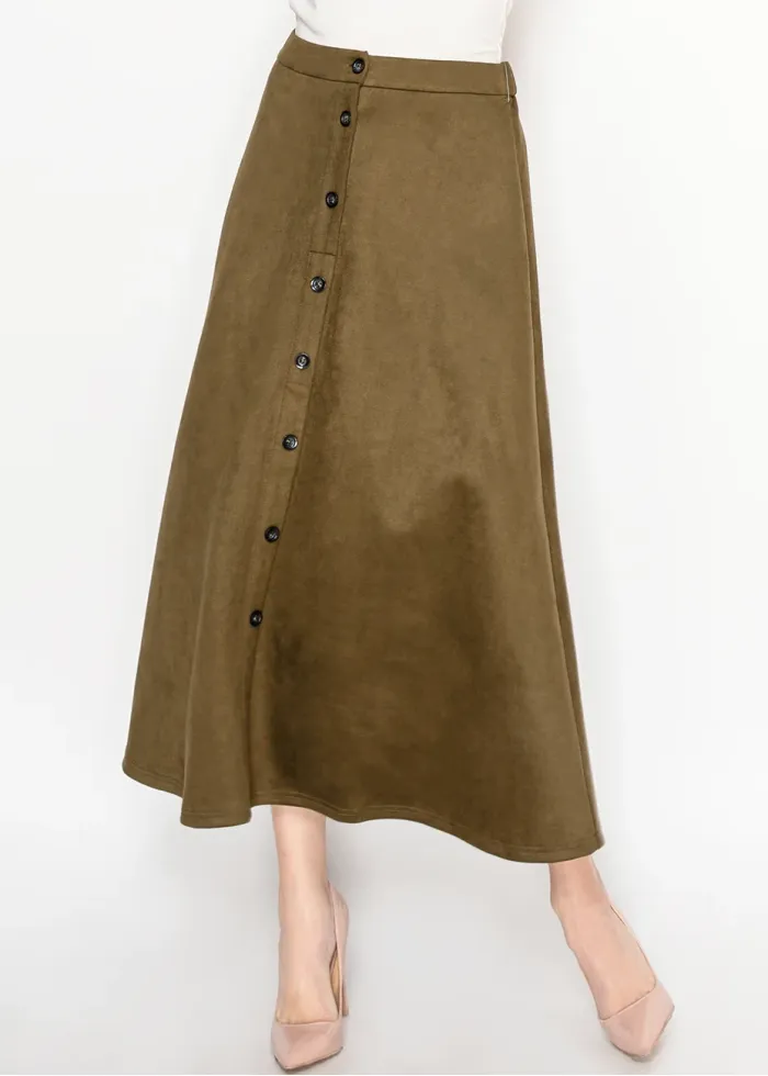 Olive Midi Skirt with Front Placket