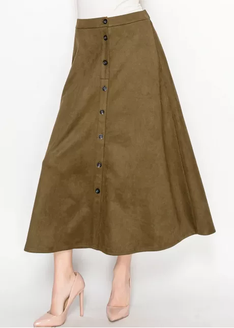 Olive Midi Skirt with Front Placket