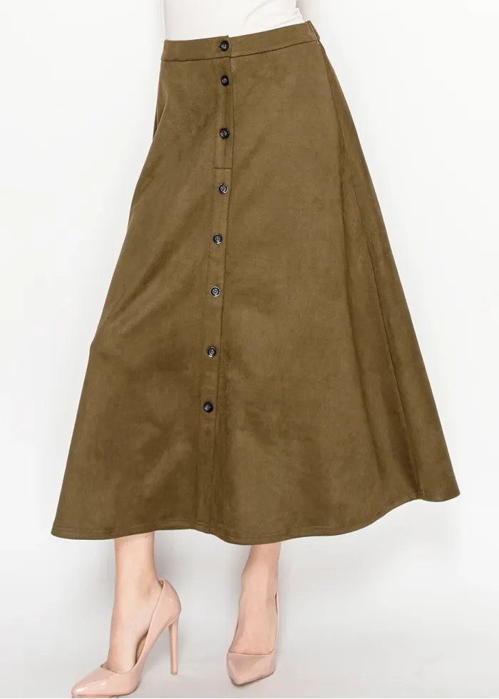 Olive Midi Skirt with Front Placket