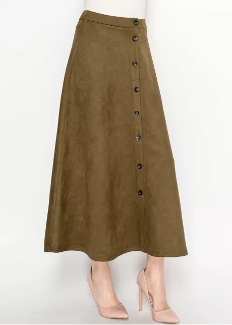 Olive Midi Skirt with Front Placket