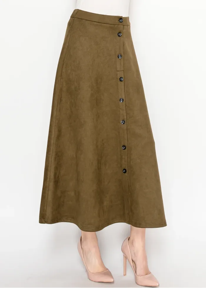 Olive Midi Skirt with Front Placket