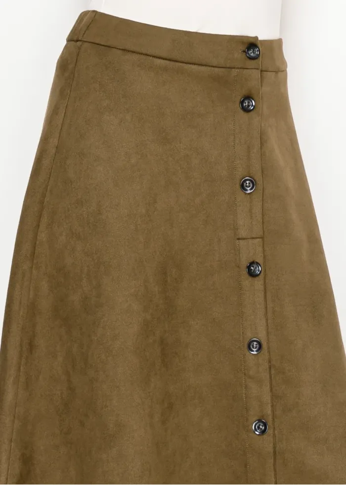 Olive Midi Skirt with Front Placket