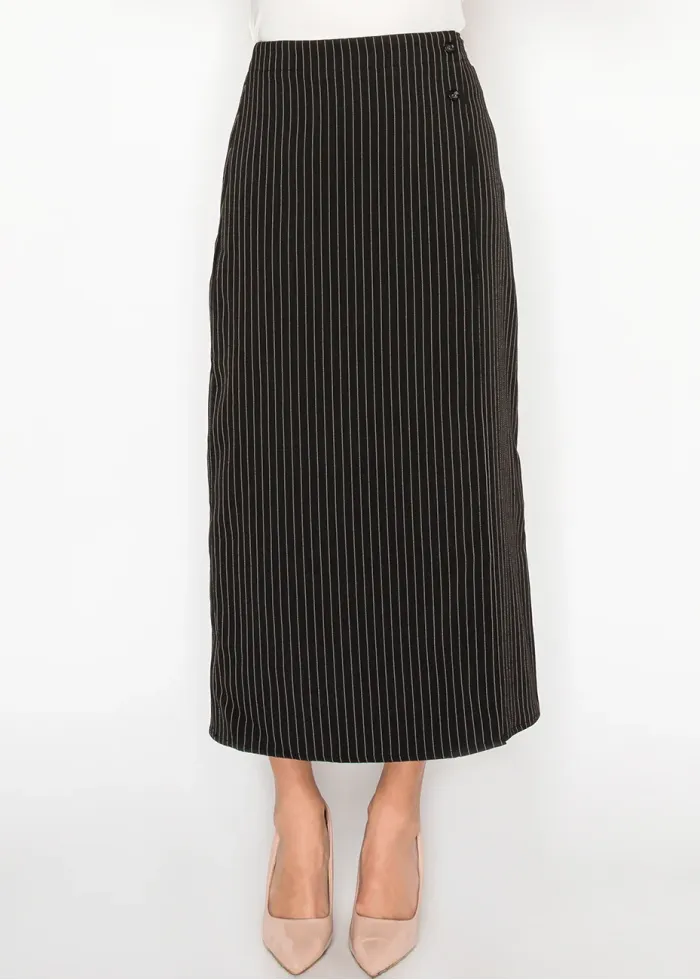Black Pinstripe Midi Skirt