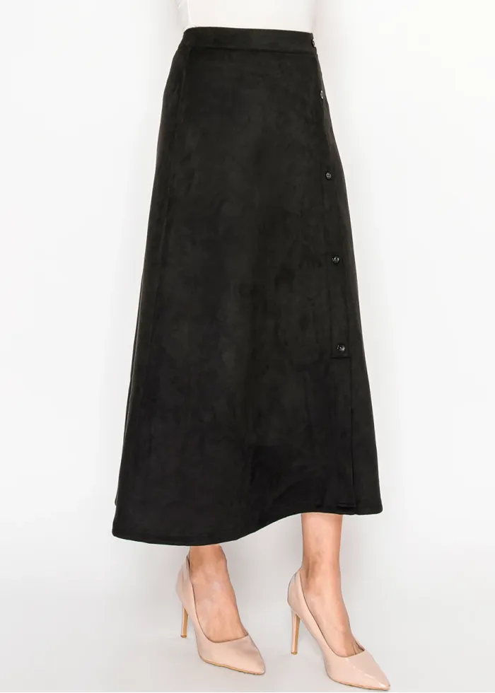 A-Line Black Midi Skirt with Button Detail