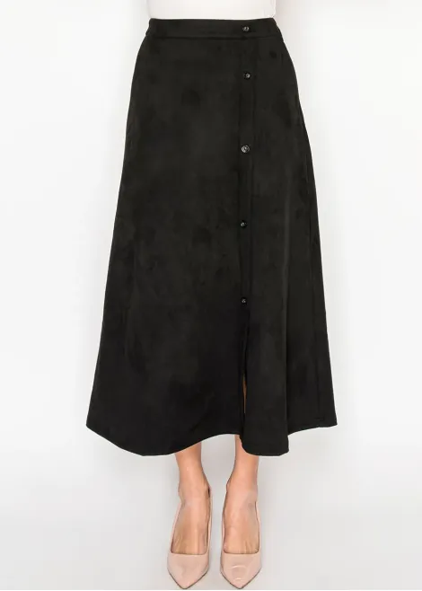 A-Line Black Midi Skirt with Button Detail