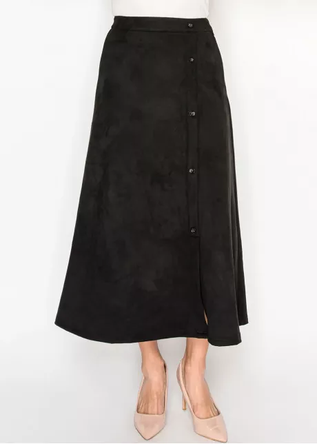 A-Line Black Midi Skirt with Button Detail
