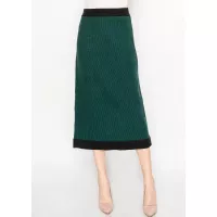 Green Knit Midi Skirt with Black Trim