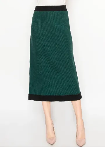 Green Knit Midi Skirt with Black Trim
