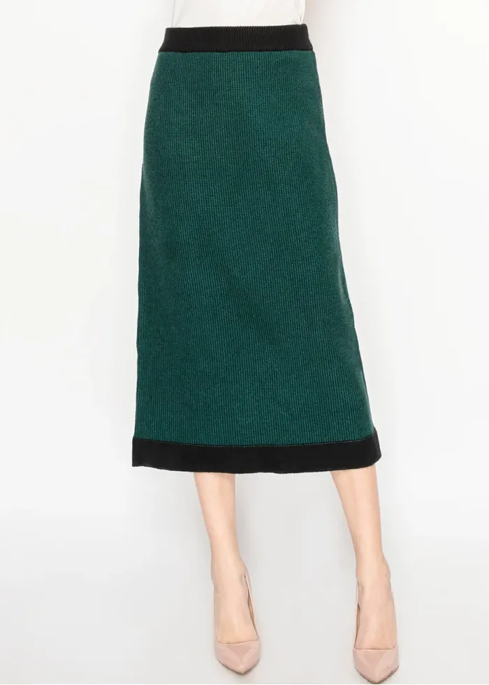 Green Knit Midi Skirt with Black Trim