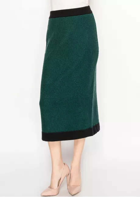 Green Knit Midi Skirt with Black Trim