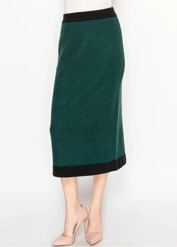 Green Knit Midi Skirt with Black Trim