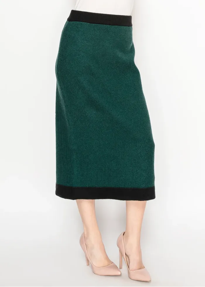 Green Knit Midi Skirt with Black Trim