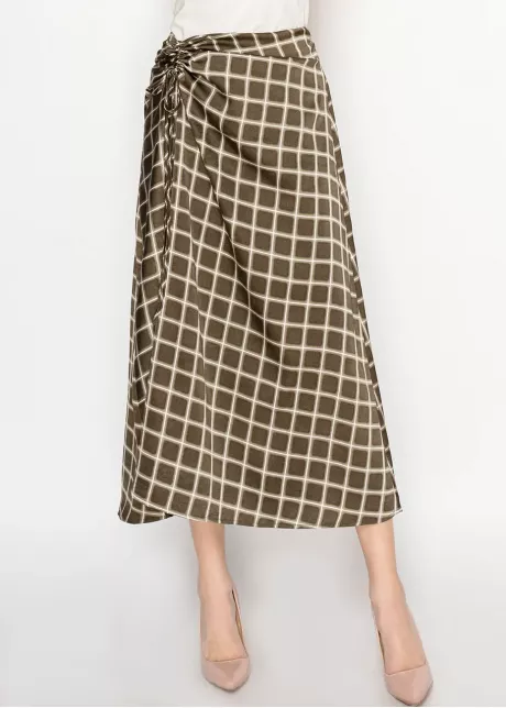 Olive Checkered Midi Skirt with Front Tie