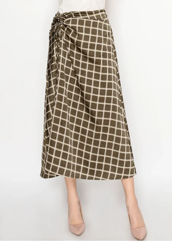 Olive Checkered Midi Skirt with Front Tie